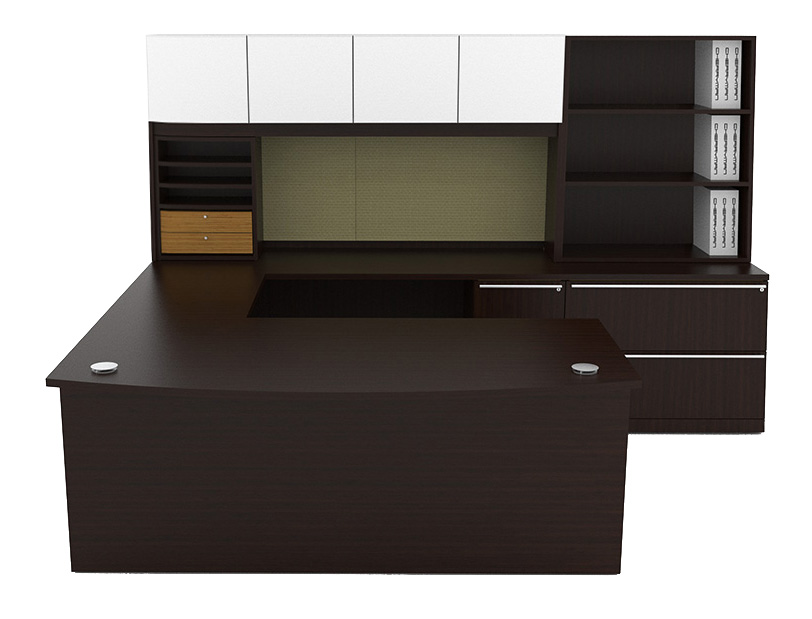 Super Cherryman Verde Series Bamboo Style Laminate U Desk With Hutch Lateral File Bookshelves